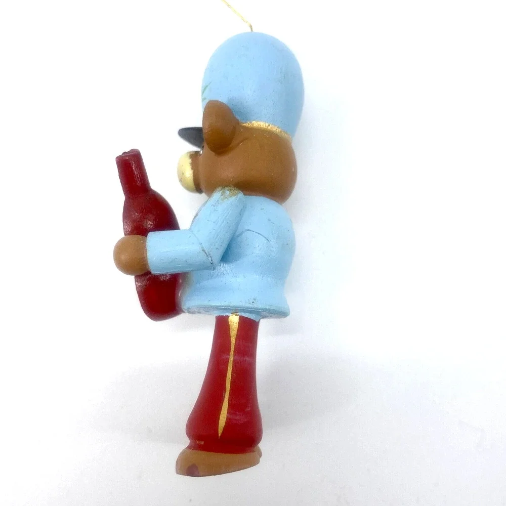 Brown Bear Wood Ornament Holding Playing Red Guitar Blue Top & Hat 3 inches - Picture 3 of 9